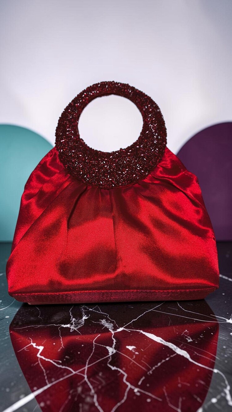 Red Satin Evening Handbag Beaded Circle Handle Bugle Bead Formal Party Purse